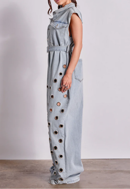 Play Your Cards Right Denim Jumpsuit With Grommets