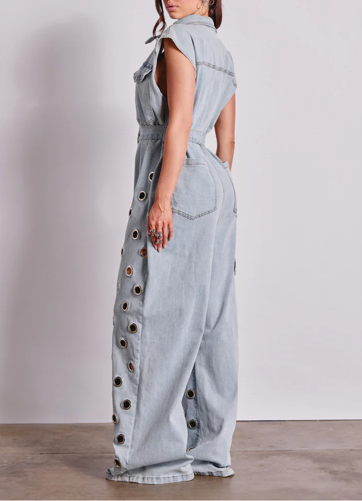 Play Your Cards Right Denim Jumpsuit With Grommets