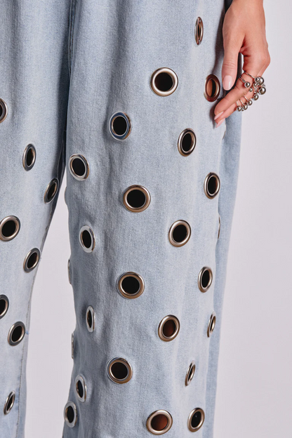 Play Your Cards Right Denim Jumpsuit With Grommets