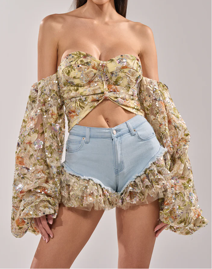 Sequined Sheer Floral Blouse and Shorts Set