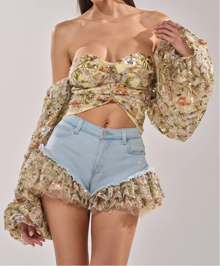 Sequined Sheer Floral Blouse and Shorts Set