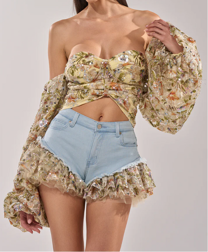 Sequined Sheer Floral Blouse and Shorts Set