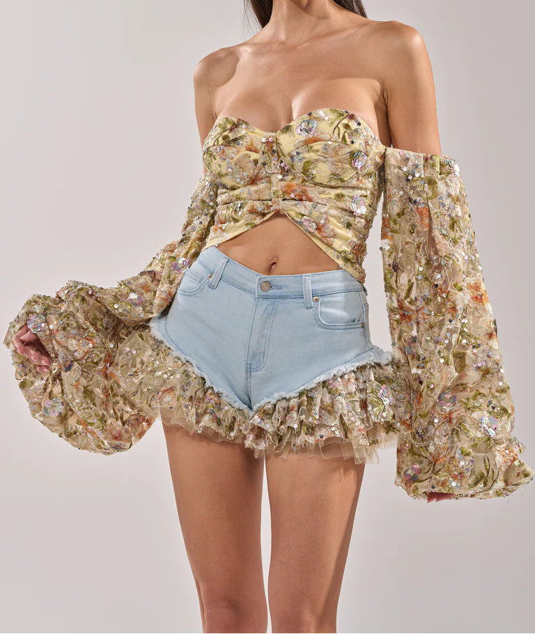Sequined Sheer Floral Blouse and Shorts Set