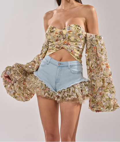 Sequined Sheer Floral Blouse and Shorts Set