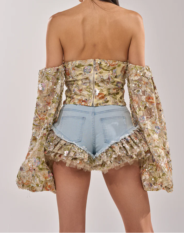 Sequined Sheer Floral Blouse and Shorts Set