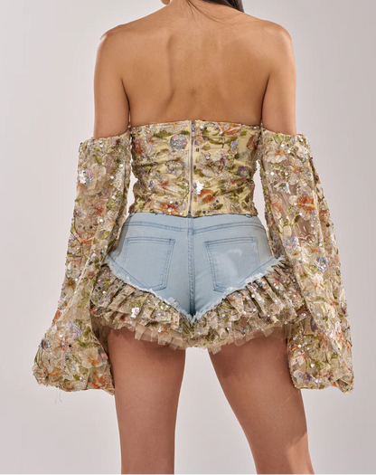 Sequined Sheer Floral Blouse and Shorts Set