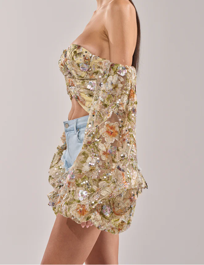 Sequined Sheer Floral Blouse and Shorts Set