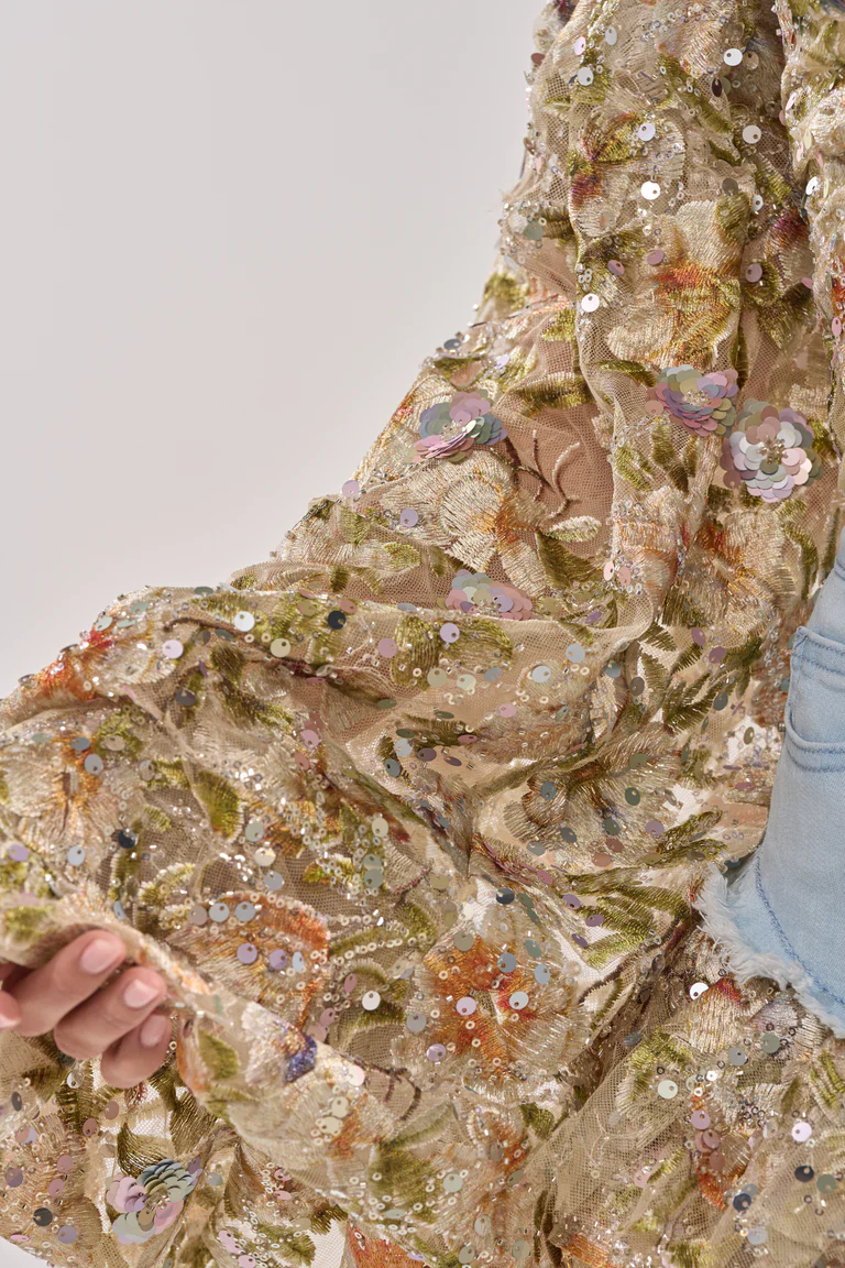 Sequined Sheer Floral Blouse and Shorts Set
