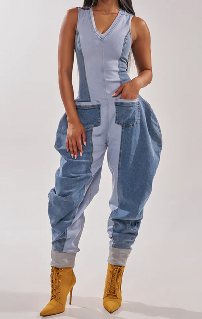 Patchwork Soft Denim V-neck Jumpsuit