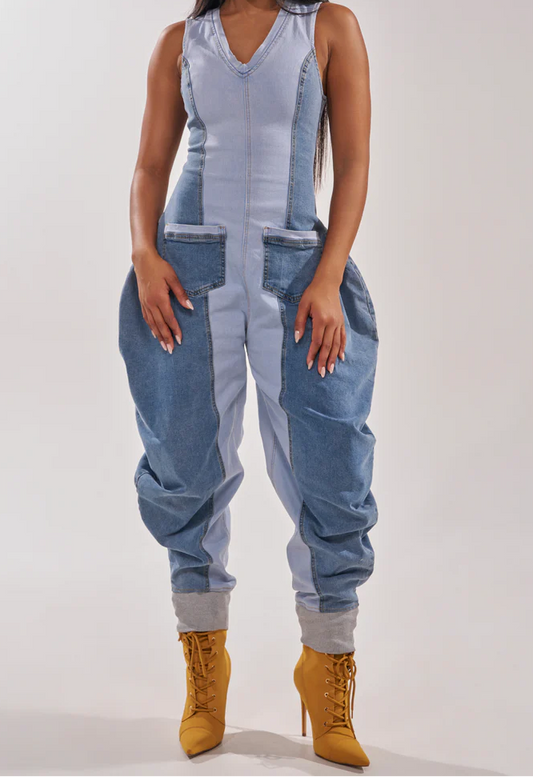 Patchwork Soft Denim V-neck Jumpsuit