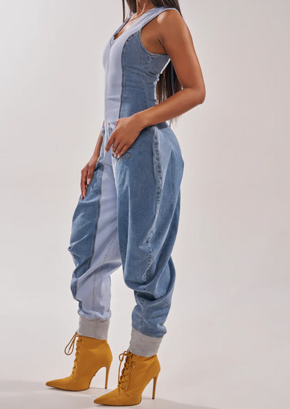 Patchwork Soft Denim V-neck Jumpsuit