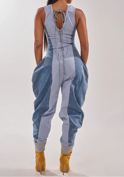 Patchwork Soft Denim V-neck Jumpsuit