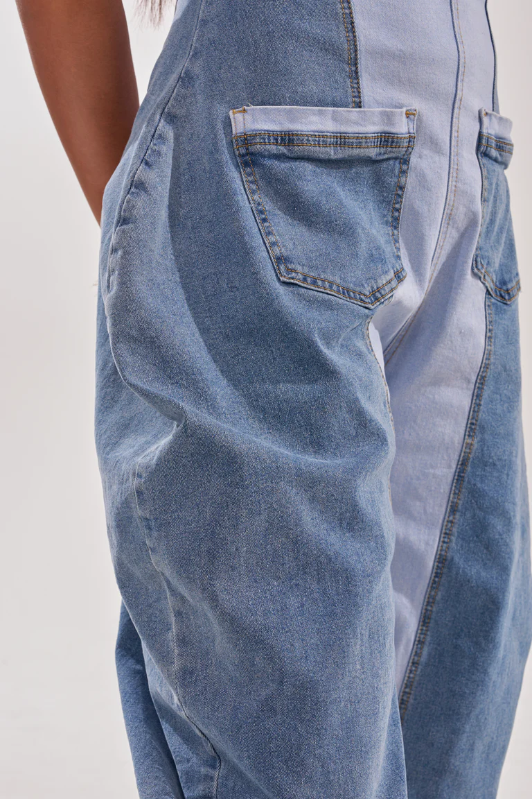 Patchwork Soft Denim V-neck Jumpsuit