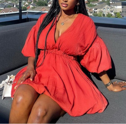 V-Neck Puff Sleeve Fitted Waist Dress