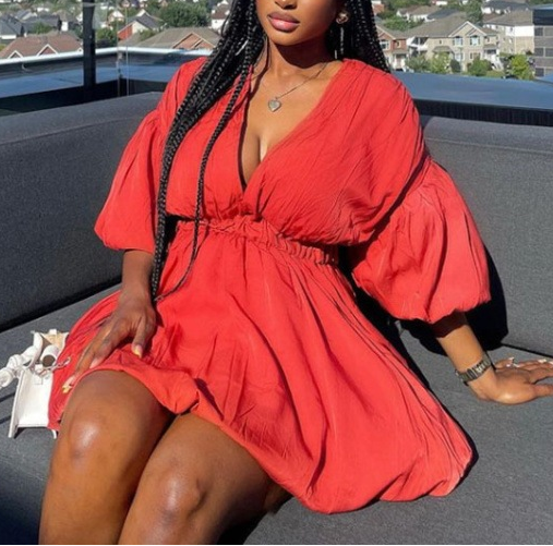 V-Neck Puff Sleeve Fitted Waist Dress