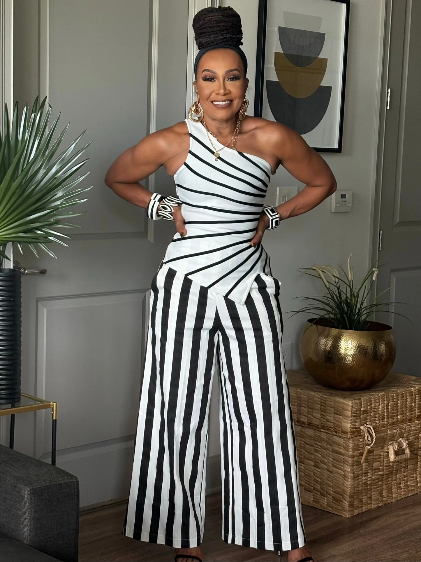 Optical Illusion One-Shoulder Top & Resort Striped Trousers Set