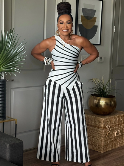 Optical Illusion One-Shoulder Top & Resort Striped Trousers Set