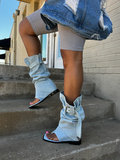 Square-Toe Flip-Flop Wedge Sandals boots
