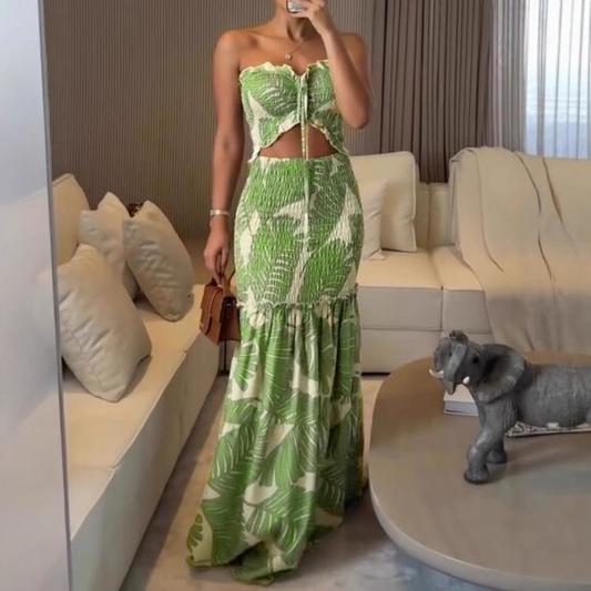 Elastic Halter Neck Printed Pleated Dress Set