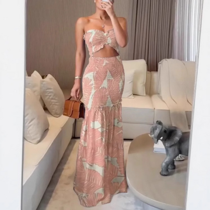 Elastic Halter Neck Printed Pleated Dress Set