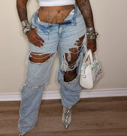 Loose-Fitting Ripped Straight-Leg Jeans